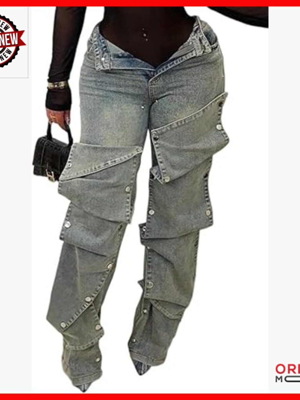 High Waisted Straight Wide Leg Cargo Jeans Detachable Button Denim Trousers